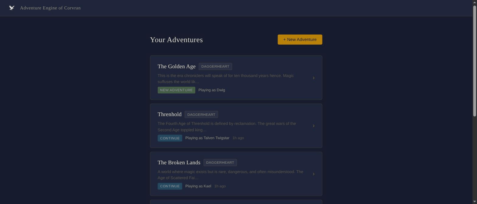 Adventure list showing several ongoing adventures with system tags, character names, and last-played timestamps