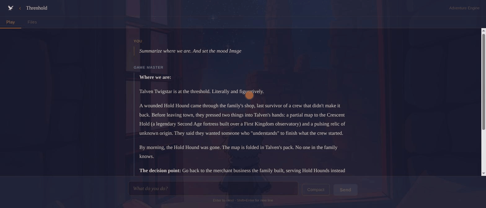 Play interface showing a GM narrative, player input, and the Files tab