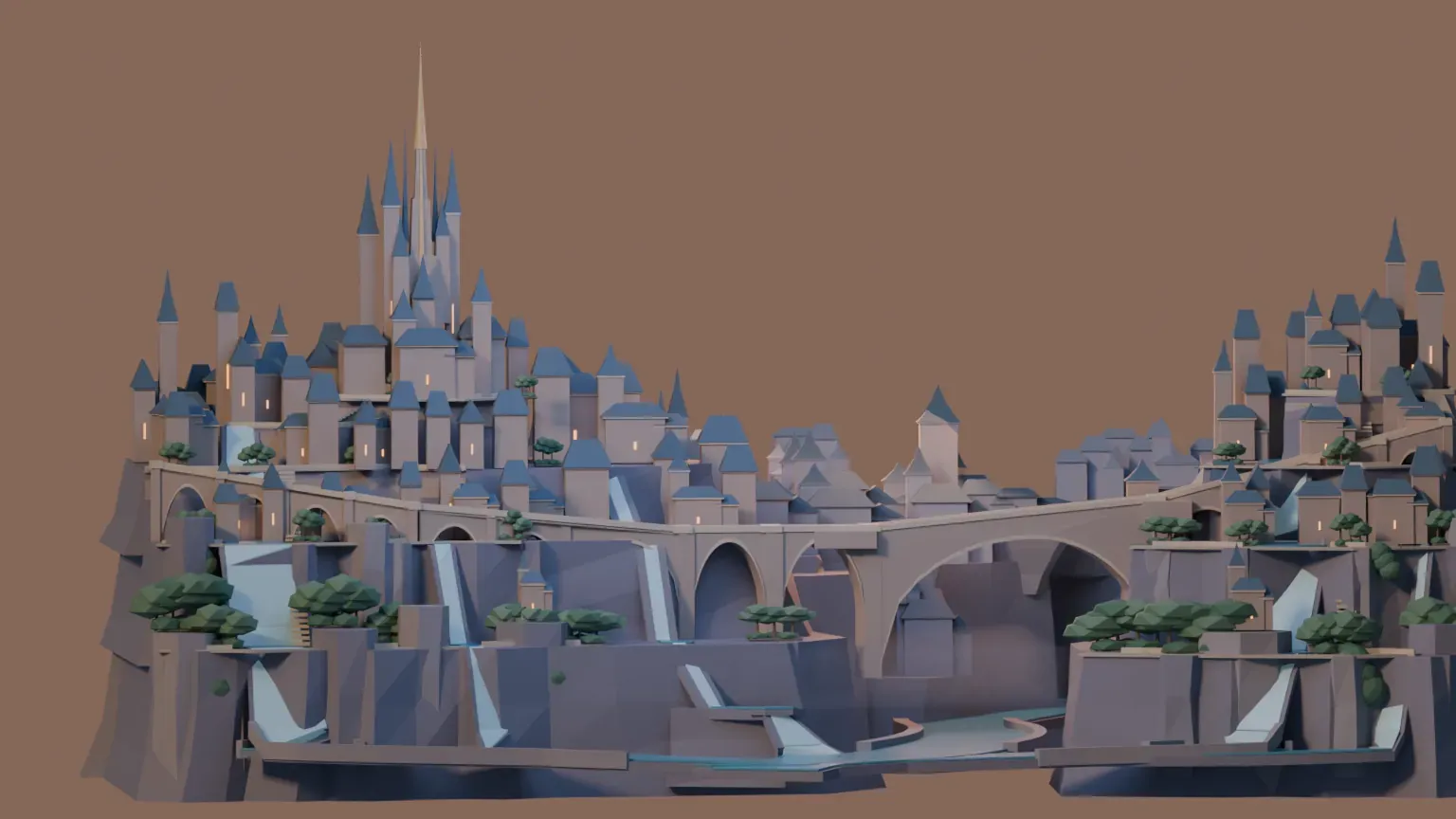 Rebuilt city blockout with a left-hand citadel, connected bridges, layered cliffs, waterfalls, and placeholder trees