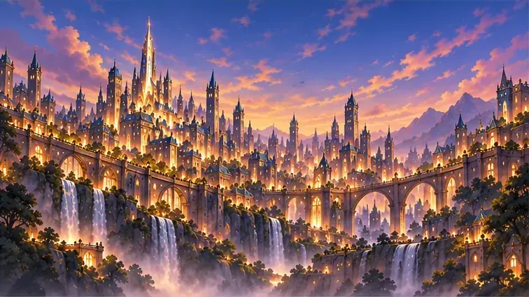 Generated concept of Brightvale with a spired citadel, arched bridges, terraced waterfalls, and vegetation
