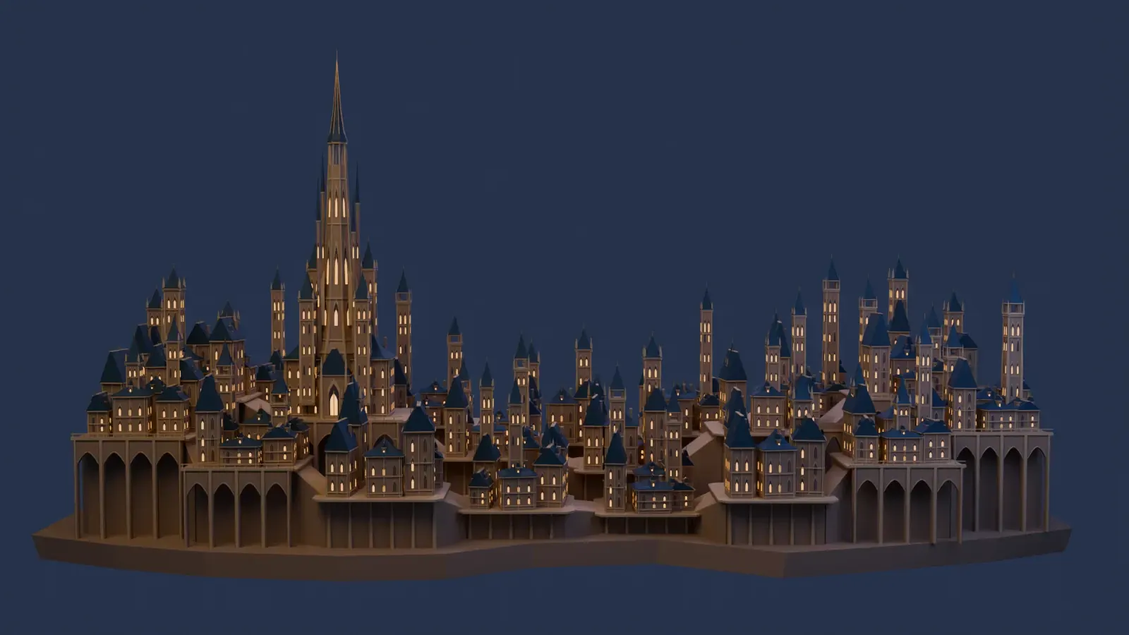 Earlier Blender city model with repeated towers on stepped architectural foundations, without waterfalls or vegetation
