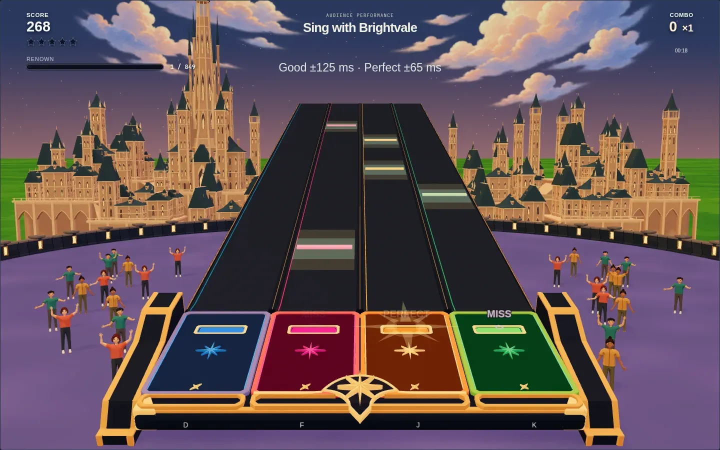 Colored notes approach four lanes between Brightvale's golden towers and the audience