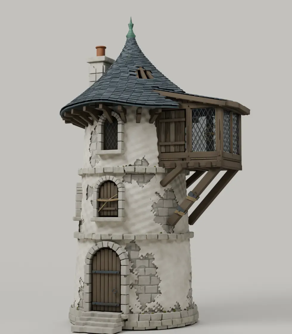 Rendered mage tower with damaged plaster, exposed roof timbers, irregular slate, and a projecting timber observatory