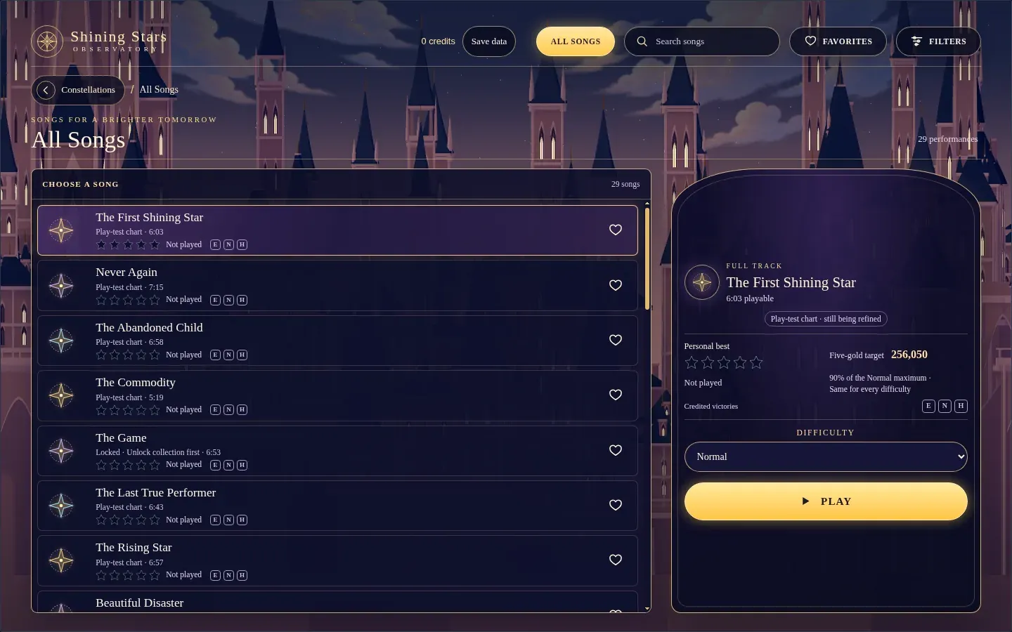 Song list beside The First Shining Star's difficulty selector, rating, and Play button